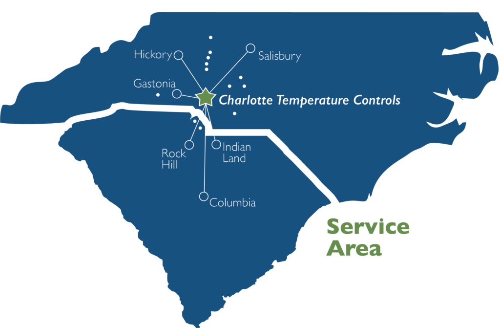 Map of Charlotte Temperature Controls service area covering North and South Carolina, marking Charlotte, Hickory, Salisbury, Gastonia, Rock Hill, Indian Land, and Columbia.